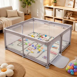 Truevaste Laufstall Baby mit Matratze 120x120x65 cm, Laufgitter 600D Oxford mit 50 Bällen, Rutschfesten Saugnapf-Füßen, Kompakter Playpen für Wohnung & Kleine Räume