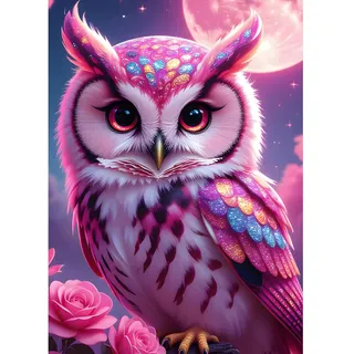 XWDYBDP DIY Diamond Painting Pink Owl Cub, 5D Luxury Diamond Painting for Adults Beginners Moonlit Night Diamond Embroidery DIY Full Drill Flowers Diamonds Art Home Wall Decoration 30x40 cm