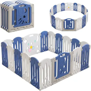 YRHome Laufstall Baby Laufgitter Baby mit Tür und Spielzeugboard Sicherheits-Aktivitätszentrum Klappbar Babyzaun Schutzgitter Krabbelgitter kunststoff für drinnen oder draußen, Blau & weiß, 18 Paneele