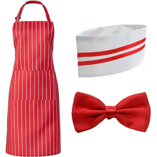 Kochschürze Set 3-teilig, rot-weiß gestreift, mit Mütze und Taschen, für Kochen