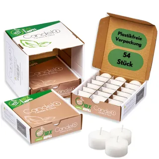 Candelo 54er Set Teelichter Wachsrohlinge ohne Hülle - Nachfüllwachs Kerzen Vorrats Packung - 6 Std Brenndauer - ohne Duft - Plastikfrei - rußfrei