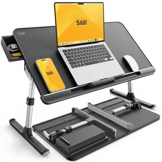 SAIJI Laptop Tisch für Bett, höhen- und winkelverstellbar, klappbar mit | Klappbarer Betttisch mit PVC-Leder, 5-fach höhen- & 4-fach winkelverstellbar, Rodelfüße für leichte Bewegung, ideal für Lesen