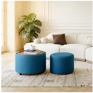 i@home Sitzhocker Nesting-Hocker aus Leinen mit Stauraum (Runder Fußhocker Holzablage & 4-in-1-Funktion), Wohnzimmer-Sitzhocker, Couchtisch, Aufbewahrung blau
