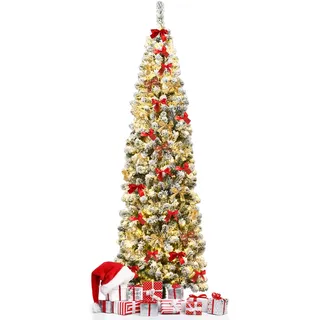 RELAX4LIFE 225 cm Künstlicher Weihnachtsbaum mit Beleuchtung und Schnee, Bleistift Tannenbaum mit 350 warmweißen LED-Lichtern & Metallständer, Christbaum schmal für Zuhause & Büro & Geschäften, Grün