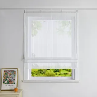 Heichkell Leinenoptik Raffrollo ohne Bohren Transparent Vorhang Landhaus Raffgardine Unifarbene Gardine Weiß mit Klettband BreitexHöhe 120x140 cm