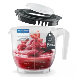 RoyalFay® Messbecher 2,2L anthrazit – Rührbecher mit Deckel und Spritzschutz – Mixbecher mit Stopboden, Liter- und Cup-Skala – Rührschüssel für Backen, Kochen und Frischhalten