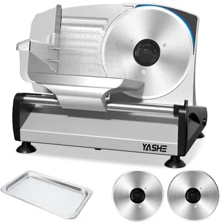 YASHE Fleischschneider mit leisem Gleichstrommotor, 200 W elektrischer Deli-Hobel, abnehmbare Dual-19 cm Edelstahl-Klingen und Lebensmittelwagen, Kindersicherung, 0-15 mm verstellbare Dicke für