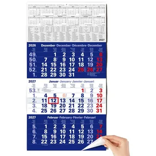TOBJA Wandkalender 3 Monatskalender 2027 Blau mit Datumsschieber 30x56 FSC, Blau, Datumsschieber, Schulferien DE+AT, 4-sprachig, FSC-zertifiziert