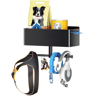 Hundegarderobe mit Ablage, Schwarz Hunde Garderobe, Hundeleinen Halterung Wand, Hundeleine Aufhängung Ohne Bohren, Hundeleinen Garderobe, Metall Schlüsselbrett, Halterung für Hundeleinens und Zubehör