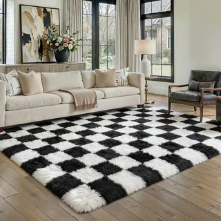 HUGEAR Kariert Flauschig Teppich Wohnzimmer 160x230cm Schwarz Weiß Shaggy Carpet