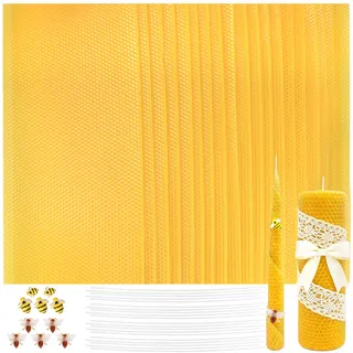 Bienenwachsplatten Set zur Kerzenherstellung, 20 Stück XXL Bienenwachsbögen (20x40cm), Inkl. 20 Baumwolldochte & 10 Bienen-Deko, Reines Natur-Bienenwachs für 40 DIY-Kerzen (20x20cm)