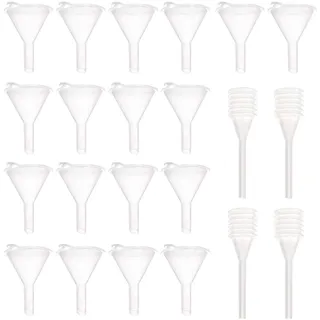 18 Stück Mini-Trichter mit 4 Stück Federtropfern, transparente Trichter, kleine Plastiktrichter, Dosiertrichter für Kosmetika, ätherische Öle, Lotionen, Gewürze