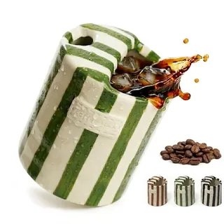 Keramikbecher ohne Henkel 300 ml, Steingut Tasse mit Streifenmuster (Grün)