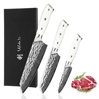 Wakoli Perle Blanche 3er Messerset | Damastmesser 9-18 cm | 67 Lagen Damaststahl mit VG10-Kern | Ergonomische G10-Griffe | Geschenkbox inklusive | Messer für Fleisch, Fisch, Gemüse und Kräuter