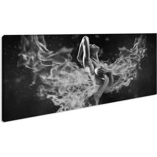 Leinwandbild Erotische Frau in Flammen – Feuer der Leidenschaft Panorama Format: 120x60 cm Effekt: Schwarz&Weiß XXL Kunstdruck Bild auf Keilrahmen/Wandbild/Wohnzimmer Deko