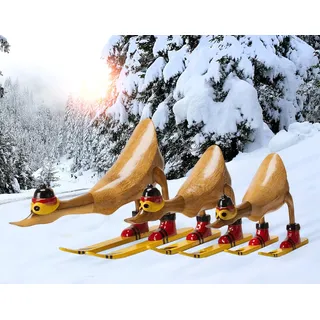 Rikmani - Holzfigur Ente Skifahrer Deutschland Gelb - Handgefertigte Dekoration aus Holz Geschenk Figur Set
