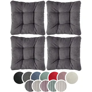 sleepling 4er Set Stuhlkissen 38x38 cm in Cord Optik, Sitzkissen für Stuhl & Bank 38 x 38 cm, Weicher Möbelstoff, Indoor & Outdoor, Made in EU, Oeko-Tex, waschbar bis 30 Grad, Dunkelgrau