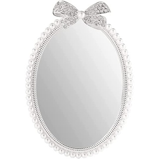 BOLYUM Vintage-Schreibtisch-Spiegel, Tisch-Make-up-Spiegel mit Perlen-Diamant, runder stehender Schminkspiegel, kleiner Wandspiegel, für Badezimmer, Schlafzimmer, Schminktisch (22 x 14 cm)