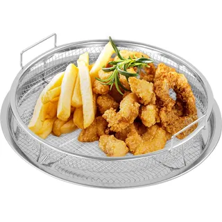 Backofen Grillkorb aus Kohlenstoffstahl mit Backblech | 30cm Airfryer-Grillkorb für fettarmes Knuspriges Gemüse & Pommes | Spülmaschinenfest & Antihaft (Silber)