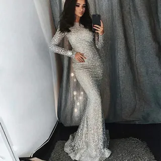 PPangUDing Abendkleider Damen Elegant A-Linie Rundhals Figurbetont Applique Bodenlanges Glitzer Paillettenkleid Maxikleider Partykleid Cocktailkleid Ballkleid für Hochzeit Party Festlich