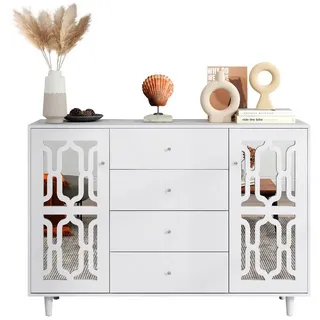 Sweiko Sideboard (Schrank mit verspiegelten Glastüren und 4 Schubladen, Kristallgriffe), 147,5 x 40 x 102 cm weiß