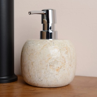 wohnfreuden Marmor Seifenspender Creme rund 15 cm - Nachfüllbarer Dosierspender aus Naturstein