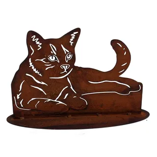 itsisa Rostfigur Katze liegend auf Platte - Dekofigur im Rost Design für den Garten, Gartendeko