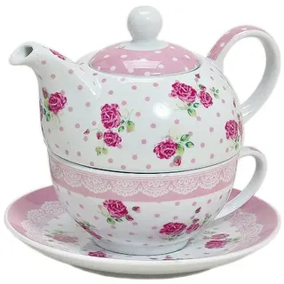 Tea for one Set 3-teilig Porzellan Teekanne mit Tasse und Untertasse mit Rosen und Blumen Motiv (Rosa)