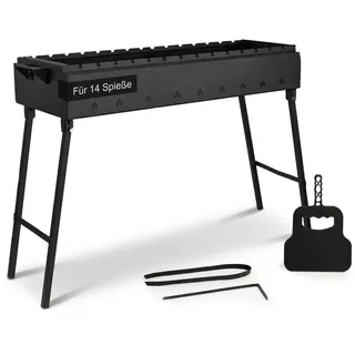 Mangal Klappbar Holzkohlegrill für 14 Spieße 2 mm Stahl 90x33 cm Schaschlik Grill Shashlychnik BBQ Klappgrill Ideal für Garten, Camping & Picknick