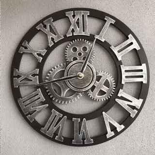 Große, Geräuschlose 3d-wanduhr Im Retro-stil Aus Holz Mit Zahnrädern, Römischen Ziffern Und Europäischem Steampunk-industrie-dekor Für Wohnzimmer Und Bar, Silberfarben, 40 X 40 Cm