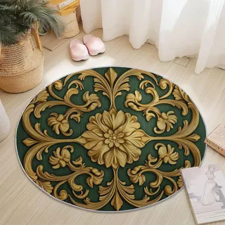Generisch Teppich Rund Modern rutschfest Waschbar Schlafzimmer Teppiche, Innenbereich Retro-3D-Blumen Runder Teppich fürs Wohnzimmer Flur Kinderzimmer Büro, 100 cm, Grün Gold
