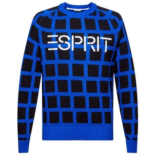 Esprit Rundhalspullover Grobstrickpullover mit Logo und Gittermuster blau XXL