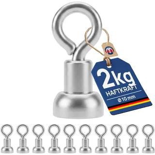 Ösenmagnet Neodym Magnet mit Öse Extra Stark 2 kg Ösenmagnete Ø 10 mm Magnethalterung Rund Magnethaken Magnete mit Haken für Küche Büro Werkstatt Magnetfischen Magnetangeln Camping Garage - 10 Stück