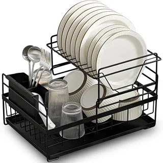 Retoo Abtropfgestell mit Zwei Fächern Einlagige Geschirr Abtropfständer, Geschirrabtropfer Drip, Tropfschale, Geschirrabtropfgestell, Abnehmbarem Besteckhalte, Besteckständer, 43,5x29x24cm Schwarz