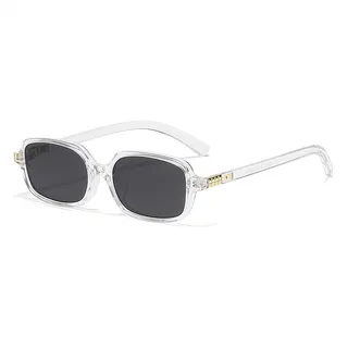 Hviomru Retro rechteckige Sonnenbrille für Damen Herren Vintage lustige 90er kleine quadratische Rahmen Sunnies Transparent-Weiß/Grau - Linsenbreite: 52mm, Linsenhöhe: 39mm, Tempellänge: 145mm, Nasenbrücke: 19mm