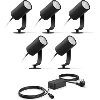 Philips Hue Lily Basis set mit 5 Gartenstrahler (Anthrazit) - Weißes und Farbiges Licht - inkl. 1 Stromkabel - Gartenbeleuchtung - Hue White and Color Ambiance