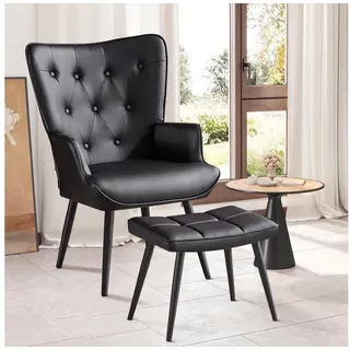 LuxusKollektion Ohrensessel Sessel Ohrensessel Relaxsessel Kunstleder mit Hocker Schwarz pu schwarz