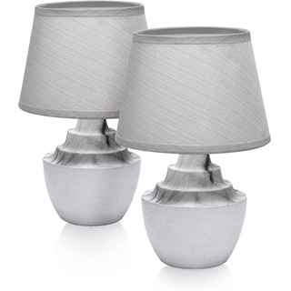 LED Universum 2er Set Tischleuchten Tischlampen Nachttischlampen Leseleuchten mit Stoffschirm grau E14 Sockel Keramik-Fuß Marmor weiß grau - 3146