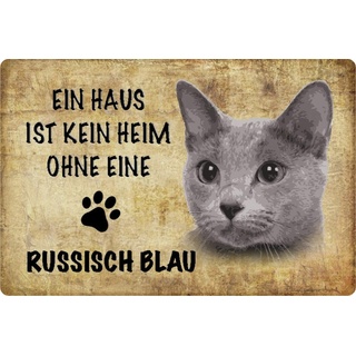 Schatzmix Blechschild Katze Kein Heim ohne Russisch Blau Metallschild Wanddeko 20x30 tin Sign