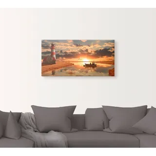 Wandbild ARTLAND "Maritime Idylle beim Leuchtturm" Bilder Gr. B/H: 100 cm x 50 cm, Leinwandbild Gebäude, 1 St., orange Kunstdrucke