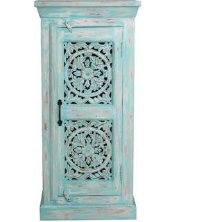 Indische Kommode Kleiner Schrank aus Mangoholz mit Schnitzerei Orientale Einrichtung Blau Blauwash 107cm