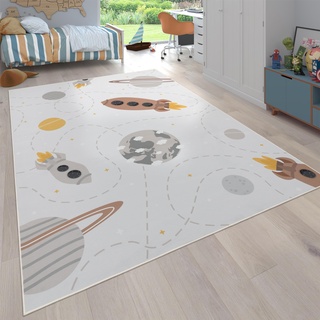Paco Home Teppich Kinderzimmer Kinderteppich rutschfest Junge Mädchen Baby Spielteppich Rakete Planet Sterne Modern Waschbar Beige Braun Gelb, Grösse:200 cm Rund