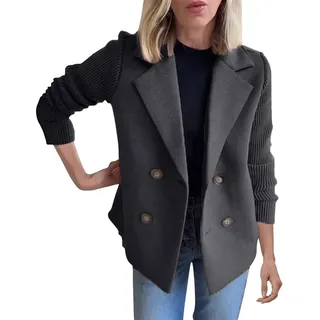 Lawawa Damen Winter Kurz Elegant Blazer kurzer Wollmantel Mischung Cropped Kurzmantel Einfarbige Patchwork-Jacke Trenchcoat Revers Jacke - L