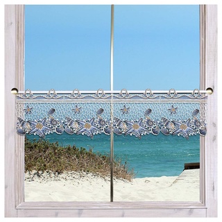 Maritime Feenhaus-Scheibengardine Seesterne und Muscheln Blau Vogtländische Spitze | Meeres-Träumerei für Ihre Fenster in Bad, Küche, Gästewohnung | hochwertig gestickte Spitzenkante HxB 20 x 55 cm