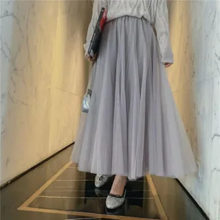 ZXCL Eleganter Tüllrock Herbst Winter Große Swing Frauen Rock Koreanische Nette Rosa Grün Grau Blau Braun Schwarz Langer Rock-Light Gray,One Size