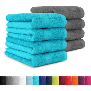 BaSaTex Frottee Handtuch, 8er Pack, 50x100 cm, Anthrazit Türkis | 100% Baumwolle, Öko-Tex Made in Green, Aufhängeschlaufe, 500gm2, langlebig & saugstark