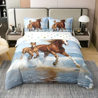 Loussiesd Pferd 100% Baumwolle Bettwäsche Set 135x200cm Galoppierendes Pferd Betten Set Muster Bettbezug Niedliche Tier Dekor Bettwäsche Kawaii Farm Cowboy-