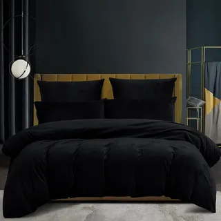 Luofanfei Samt Warme Bettwäsche 220x240 Schwarz Winter Thermo Fleece Plüsch Flausch Nicki Warme Wende Bettwäsche Set Cashmere Touch Thermofleece Weich Kuschelig Teddy Plüsch Bettbezug Set Wintermotiv