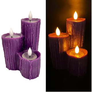 Online-Fuchs LED-Kerze 3 verschmolzene LED-Kerzen mit 6-Stunden Timer & Wachstropfen (Schwarz, Lila & Orange, Kaminkerzen), realistische Kerzenflamme mit Wachsspiegel lila