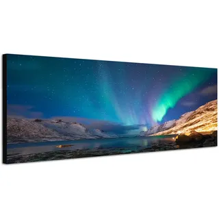 Wandbild auf Leinwand als Panorama in 150x50cm Norwegen See Berge Nacht Polarlichter